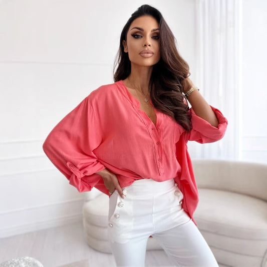 Dame afslappet bluse med knapliste Stilla