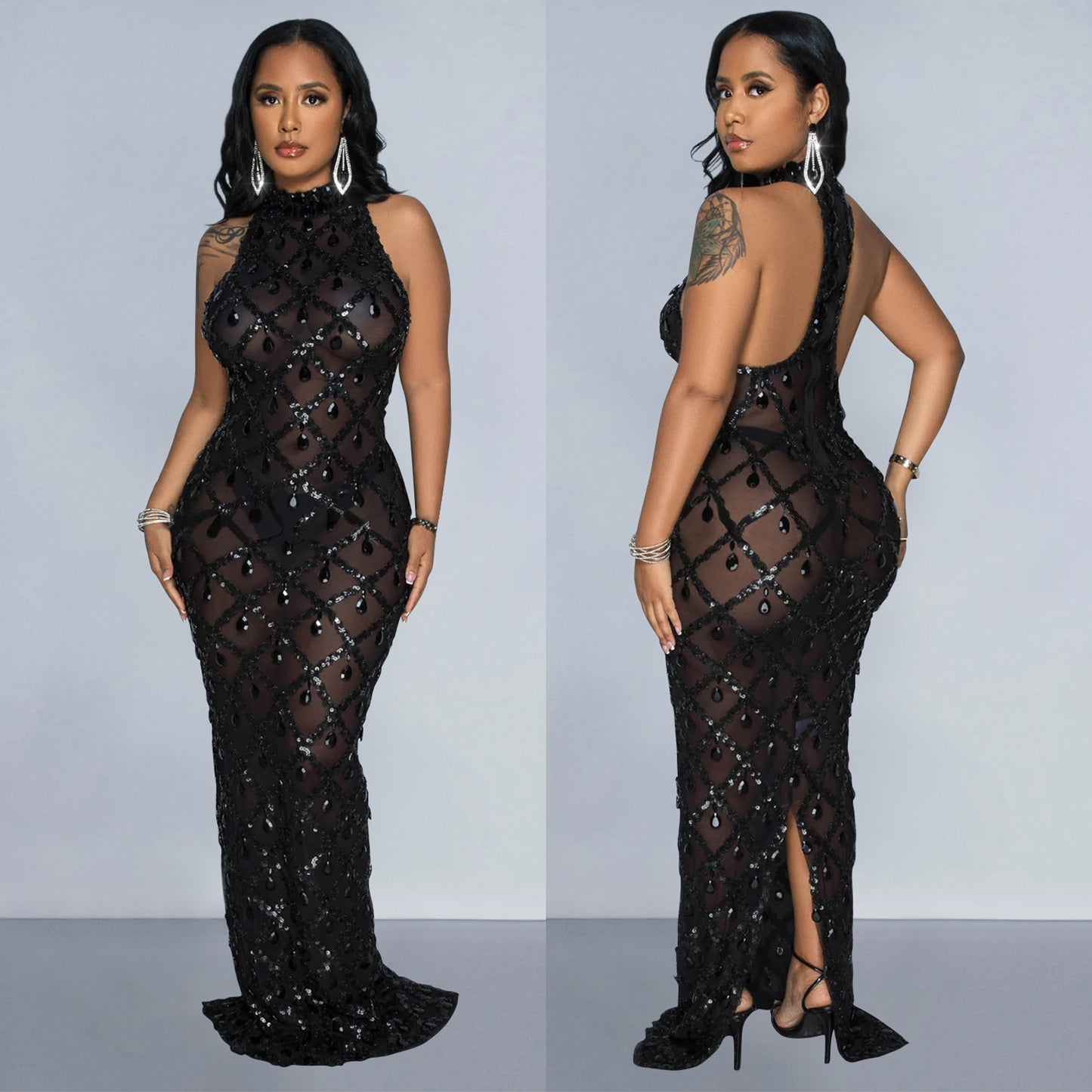 Dame Eksklusiv Maxi-Kjole med høj Krave og luksuriøst Rhinestones-Mønster Stilla