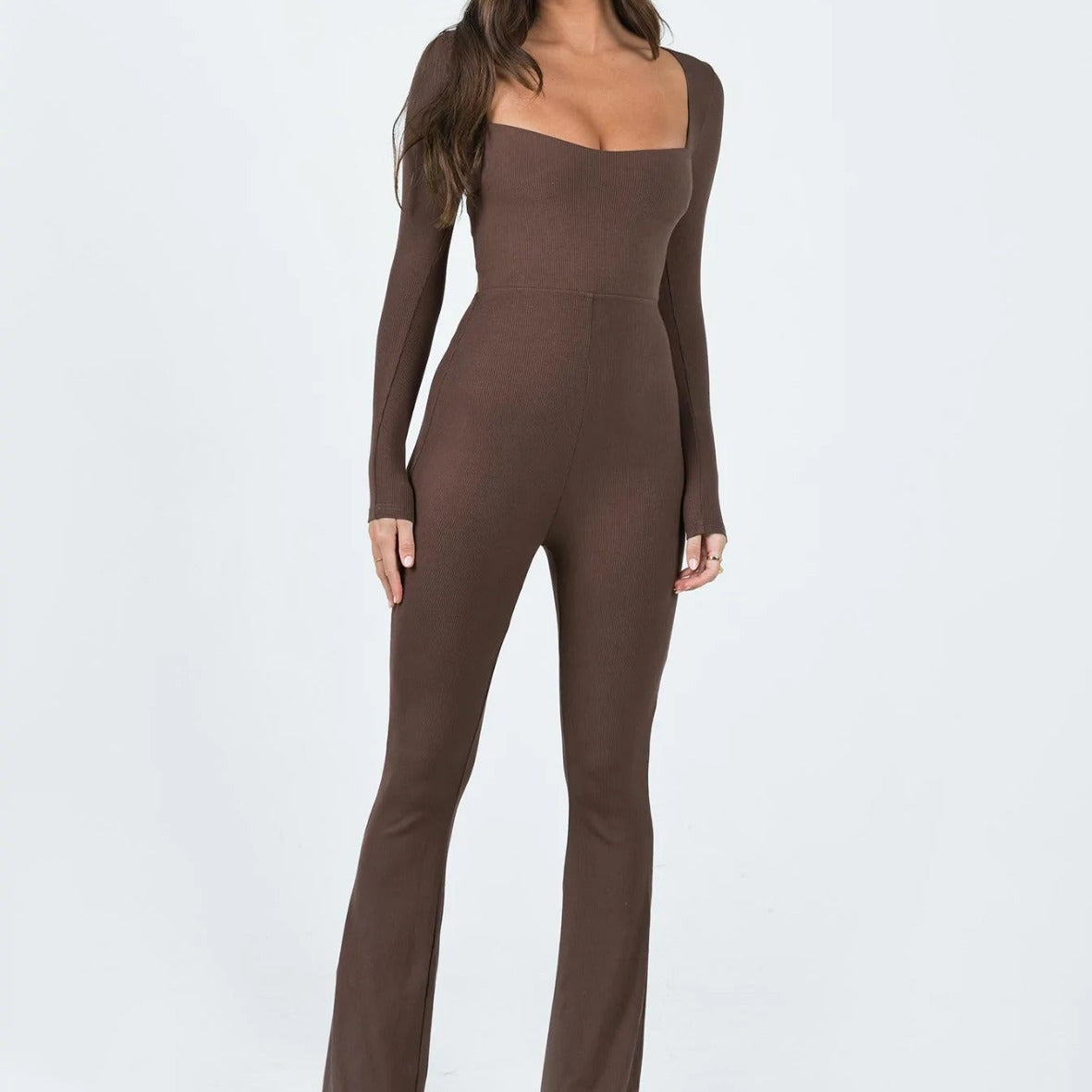 Dame Elegant Langærmet Jumpsuit med vide ben og hjerteformet udskæring Stilla