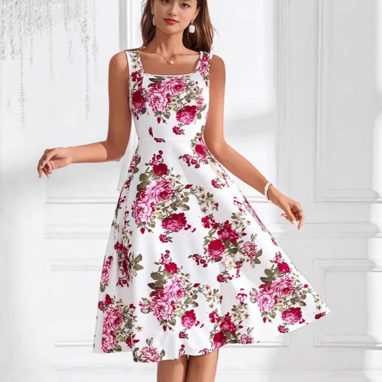 Dame Elegant blomsterkjole med firkantet udskæring og svajende nederdel Stilla