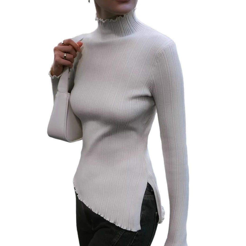 Dame elegant finribbet top med høj krave og asymmetrisk snit Stilla