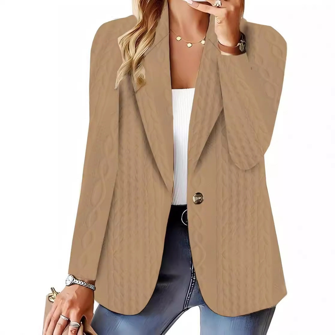 Dame elegant blazer med struktureret kabelstrikdesign Stilla