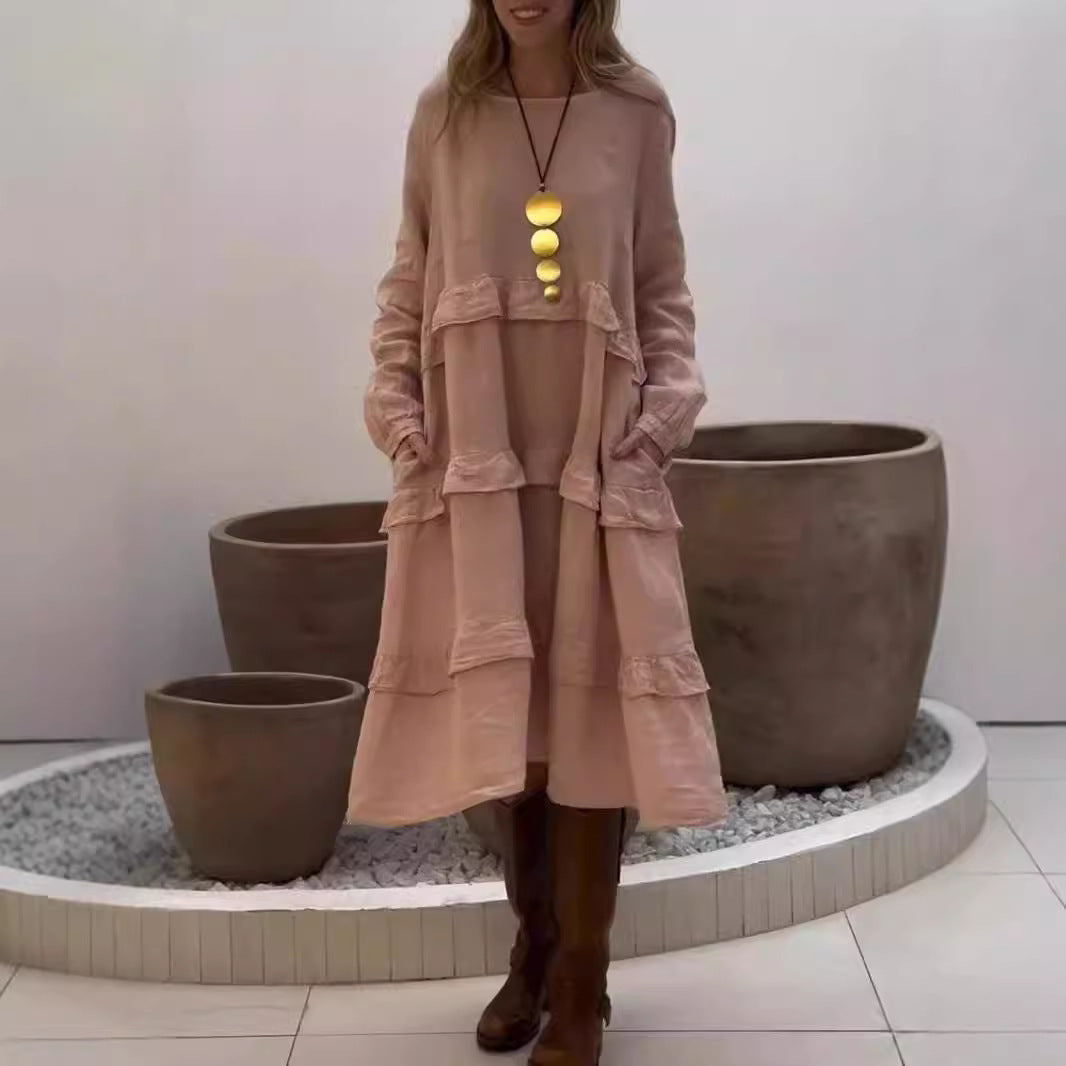 Dame afslappet maxikjole med flæse detaljer og lange ærmer Stilla