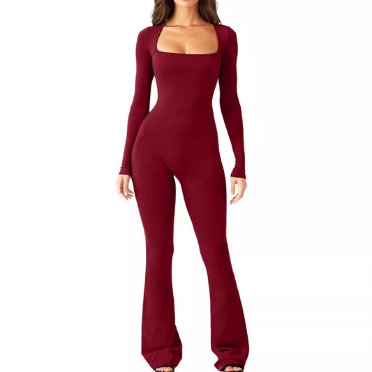 Dame Elegant Langærmet Jumpsuit med bredt ben og firkantet udskæring Stilla