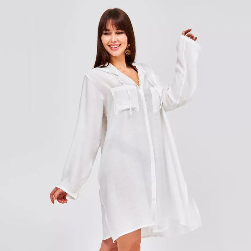 Dame afslappet skjortekjole med brystlommer og lange ærmer Stilla