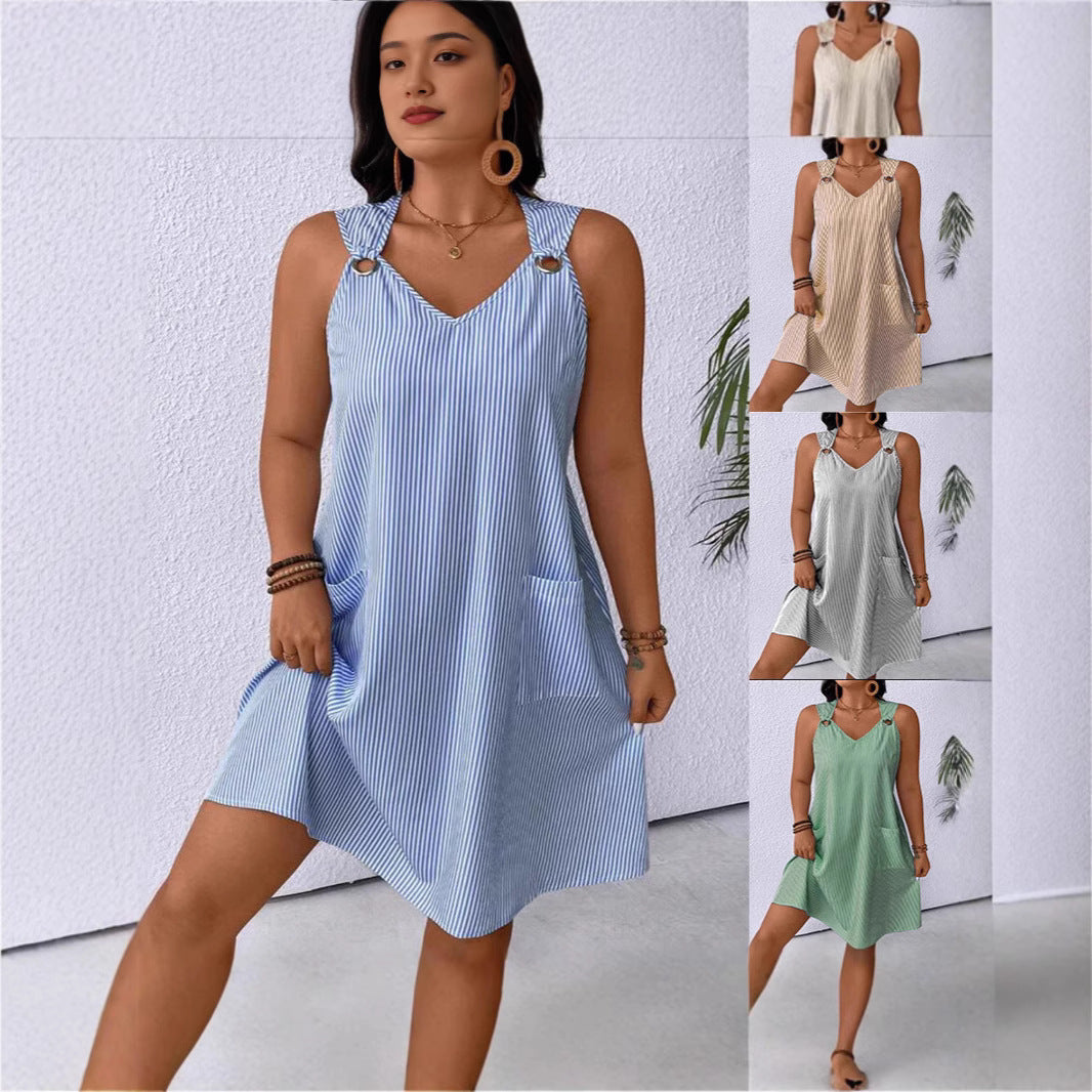 Dame afslappet sommerkjole med V-udskæring og lommer Stilla