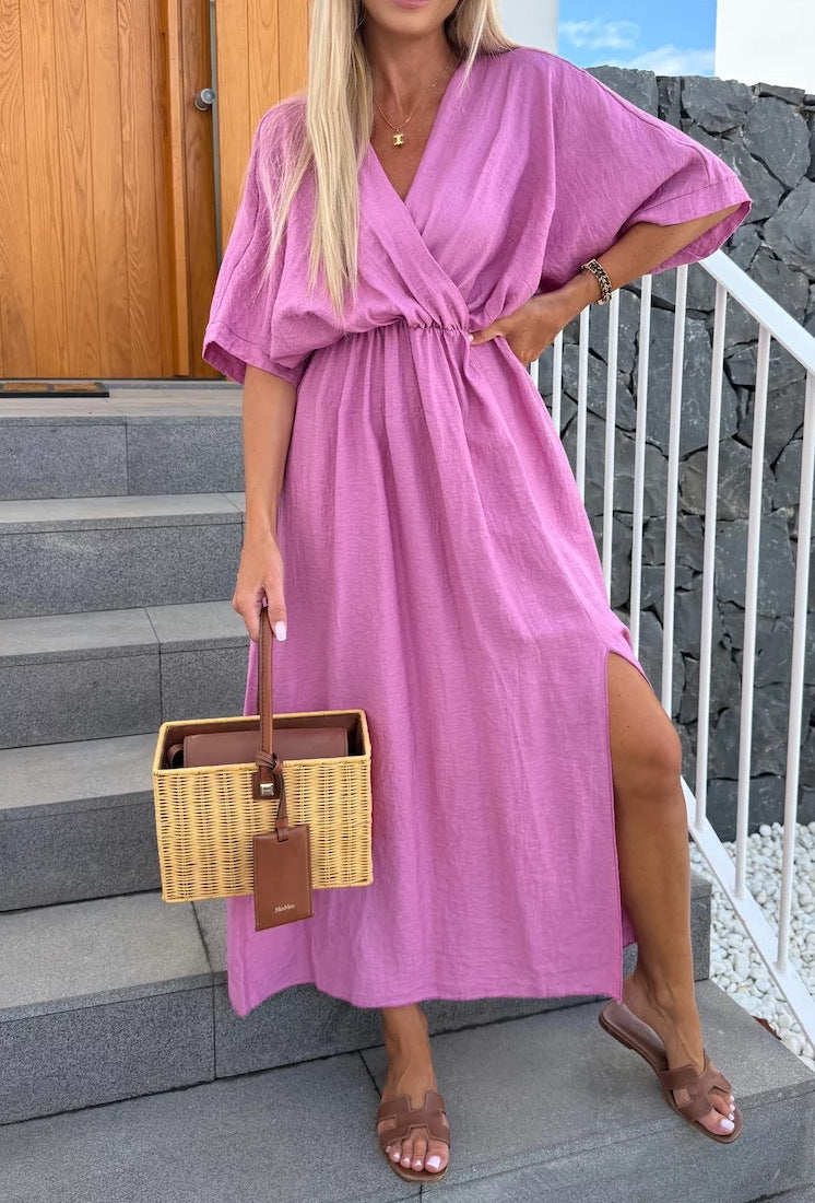 Dame afslappet maxikjole med viklelook og sideslids Stilla