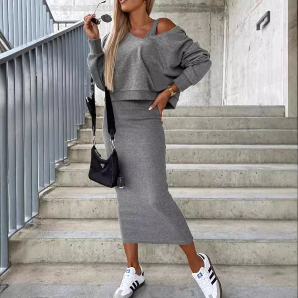 Dame afslappet fritidssæt i oversized stil med cut-off top Stilla