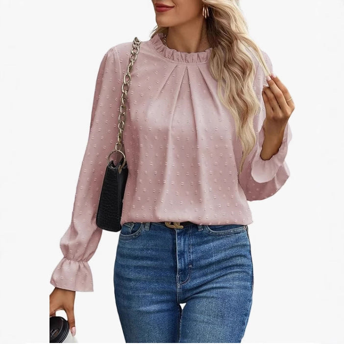 Dame elegant bluse med flæsedetaljer og prikket stof Stilla