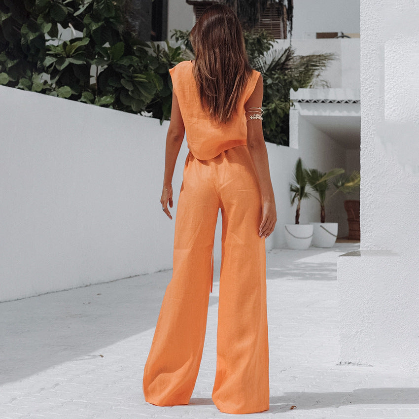 Dame afslappet linned kjole med taljejusterbar bindebånd Stilla