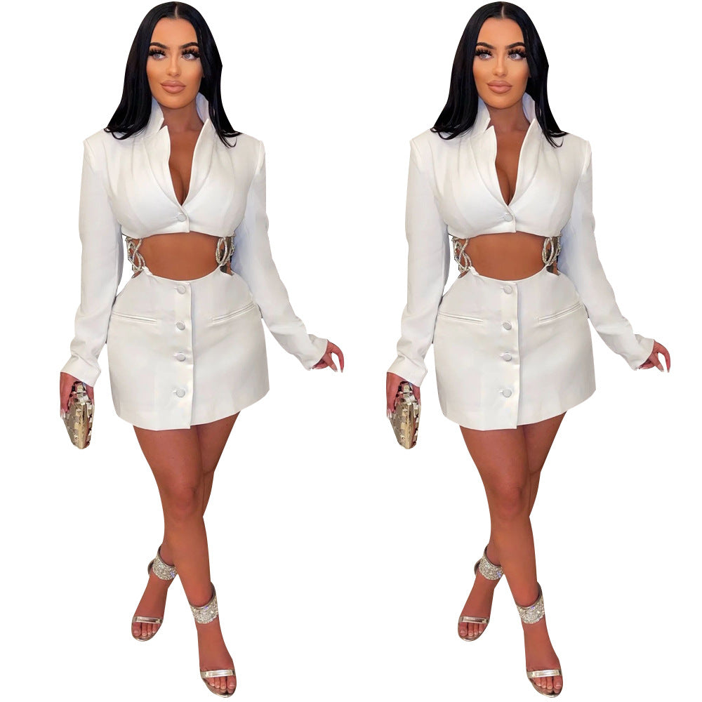 Dame Cropped Blazer-Jakke med figursyet Mini-Nederdel og taljeret Silhuet Stilla