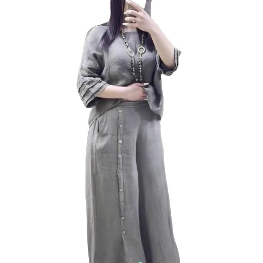 Dame afslappet linned sæt med løsskåret overdel og palazzo bukser Stiila