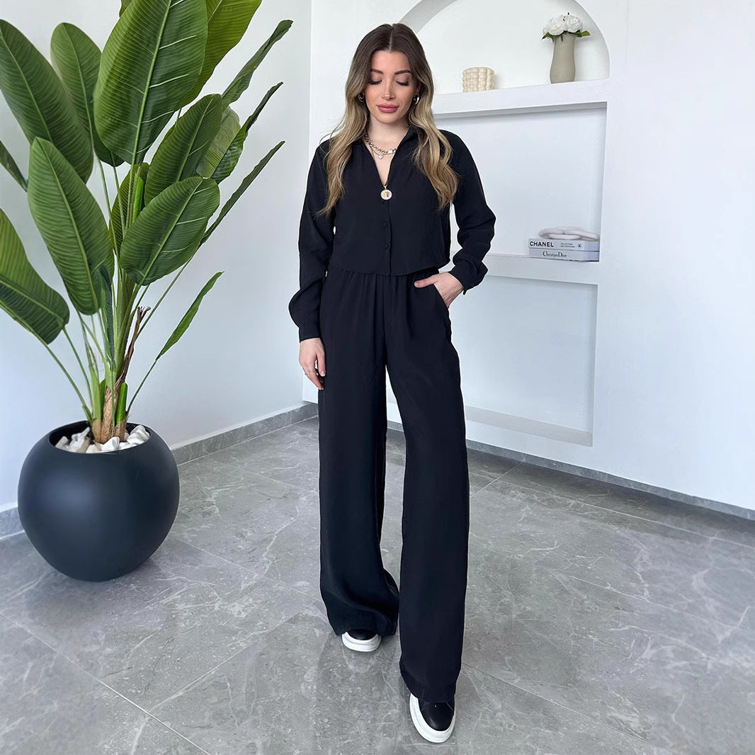 Dame Cropped Button-Up Bluse og Bred Bukser Sæt Stilla