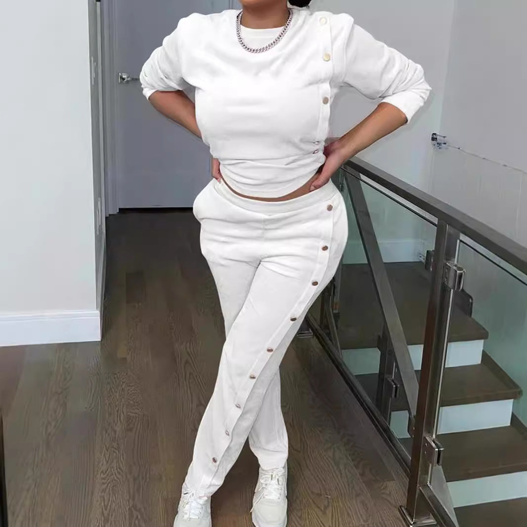 Dame Sporty fritidsoutfit med knapbart overdel og elastiske bukser Stilla