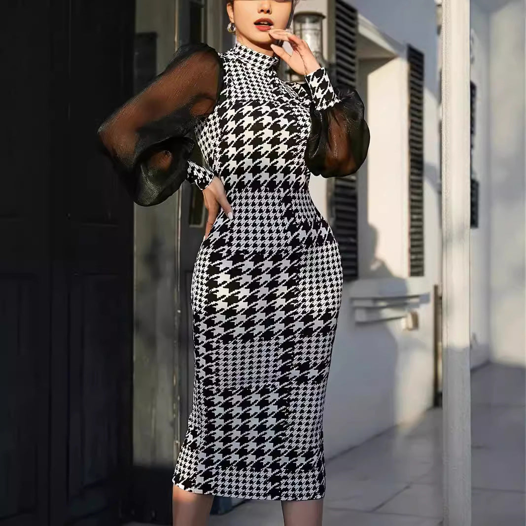 Dame Elegant Jumpsuit med transparente puffærmer og houndstooth mønster Stilla