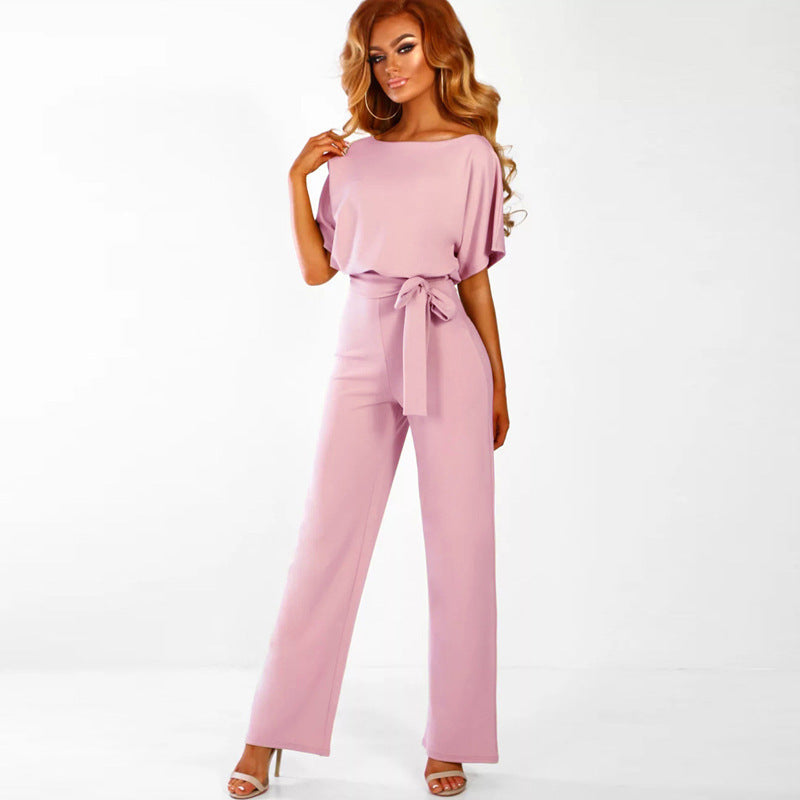 Dame Elegant Bred Ben Jumpsuit med Bindebælte Stilla