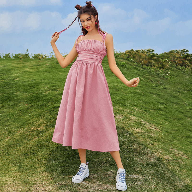 Dame afslappet maxikjole med rynket overdel og smalle stropper Stilla