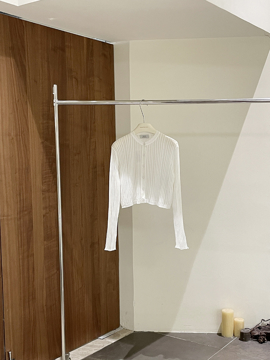 Dame Cropped Longsleeve med fin stribestruktur og elegant krave Stilla