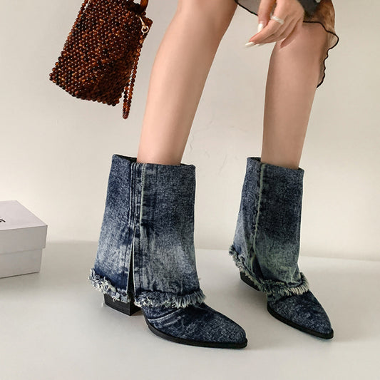 Femme Chic Denim Ankelstøvler med frynset kantdetalje Stilla
