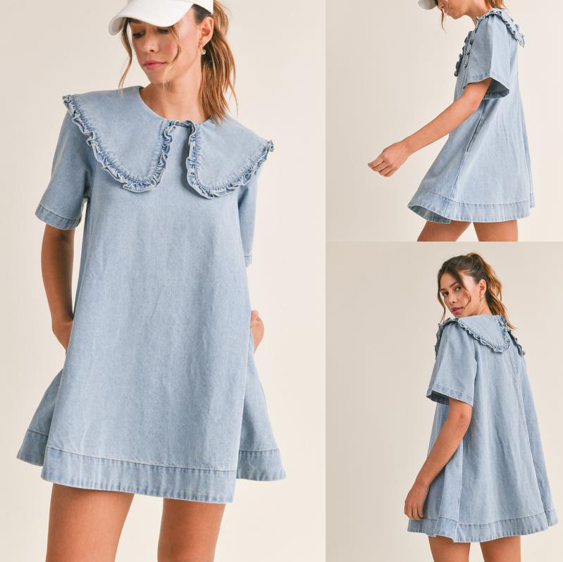 Dame denimkjole med voluminøse flæse detaljer Stilla