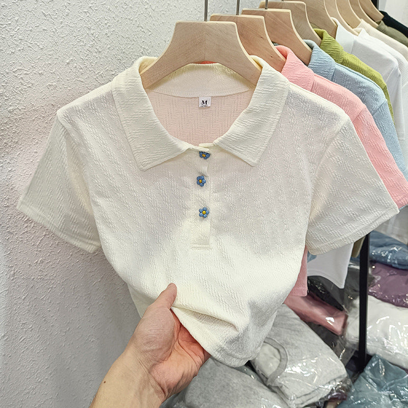Dame Struktureret Korte Ærmer Polo T-shirt med Blomsterknapper Stilla