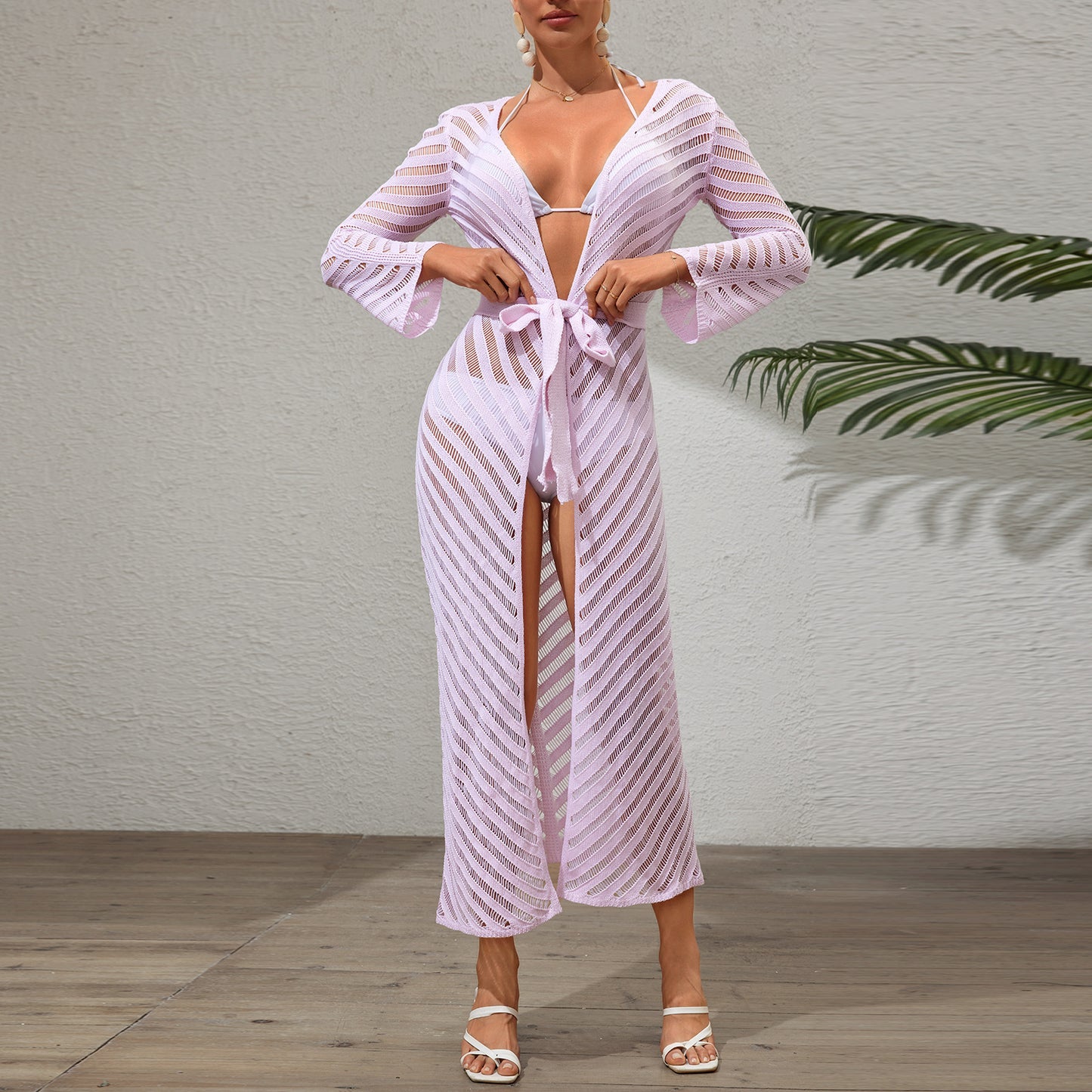 Dame Elegant Gennemsigtig Stribet Strand Overgangsfrakke Stilla