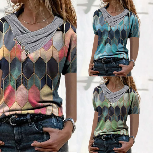 Dame Designer T-shirt med stilfuld krave og usædvanligt mønster Stilla