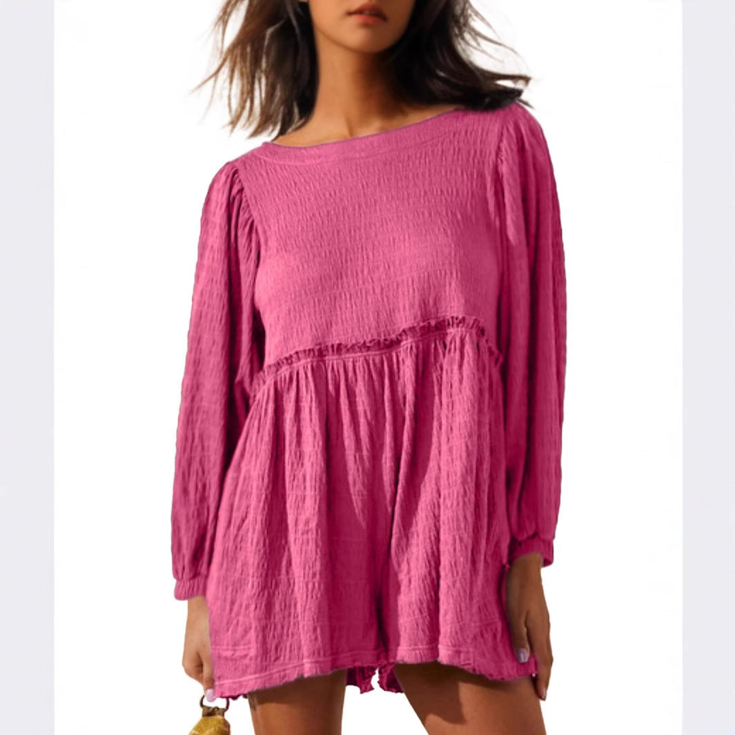 Dame afslappet skjortekjole med bredskårne ærmer og volanter Stilla