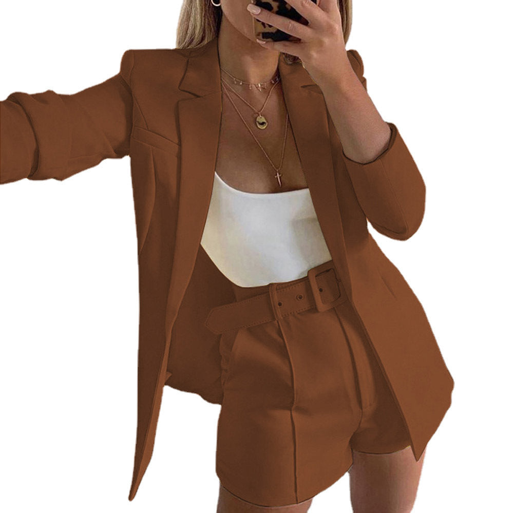 Dame afslappet blazer-shorts-sæt med taljebælte Stilla