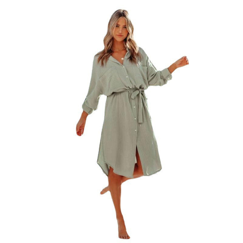 Dame afslappet skjortekjole med talje bælte og smart slids Stilla