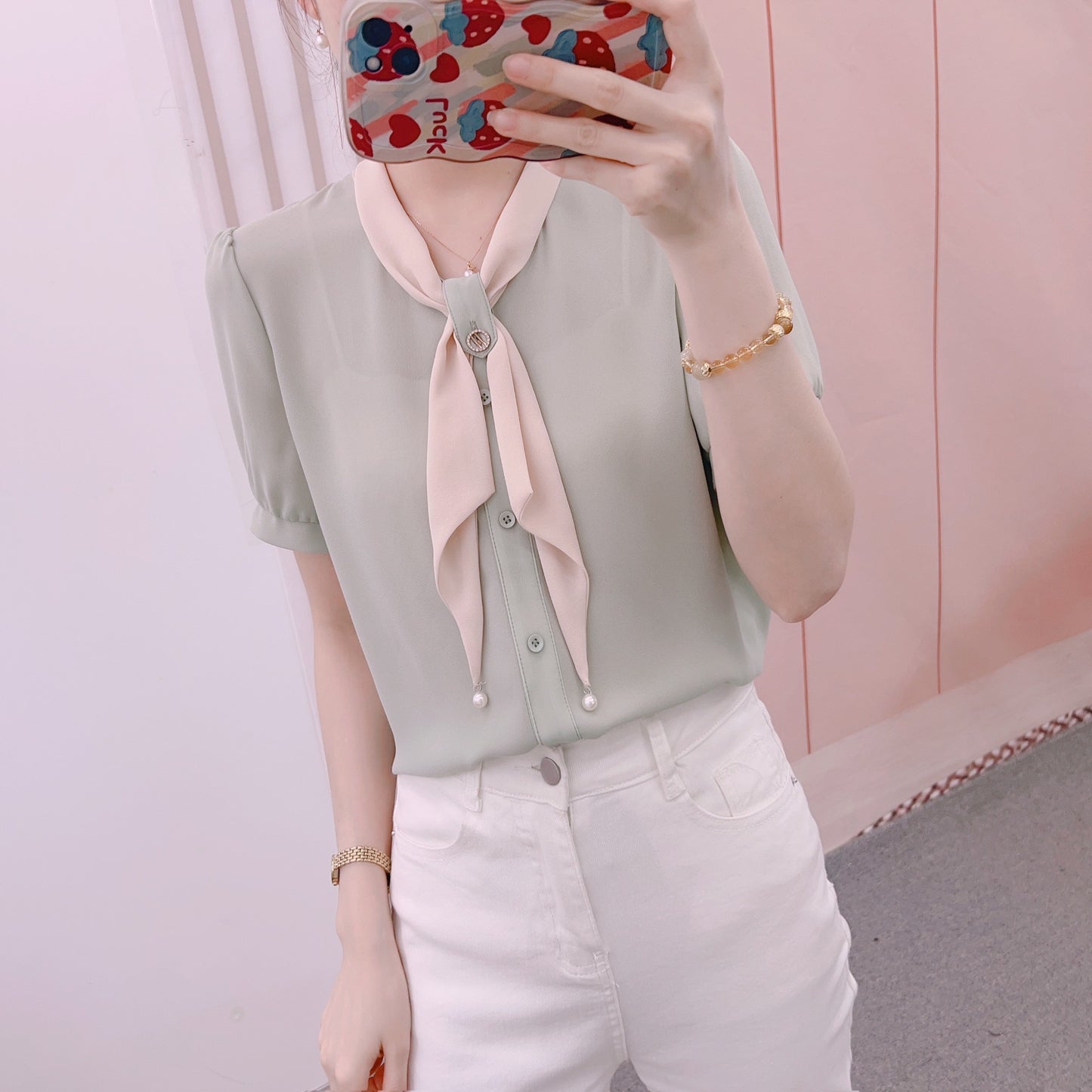 Dame Elegant Bluse med Sløjfe Krave og Perle Detaljer Stilla