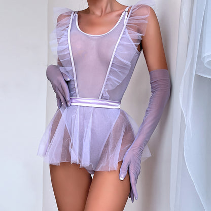 Dame romantisk rynket tyl bodysuit med lange ærmer Stilla