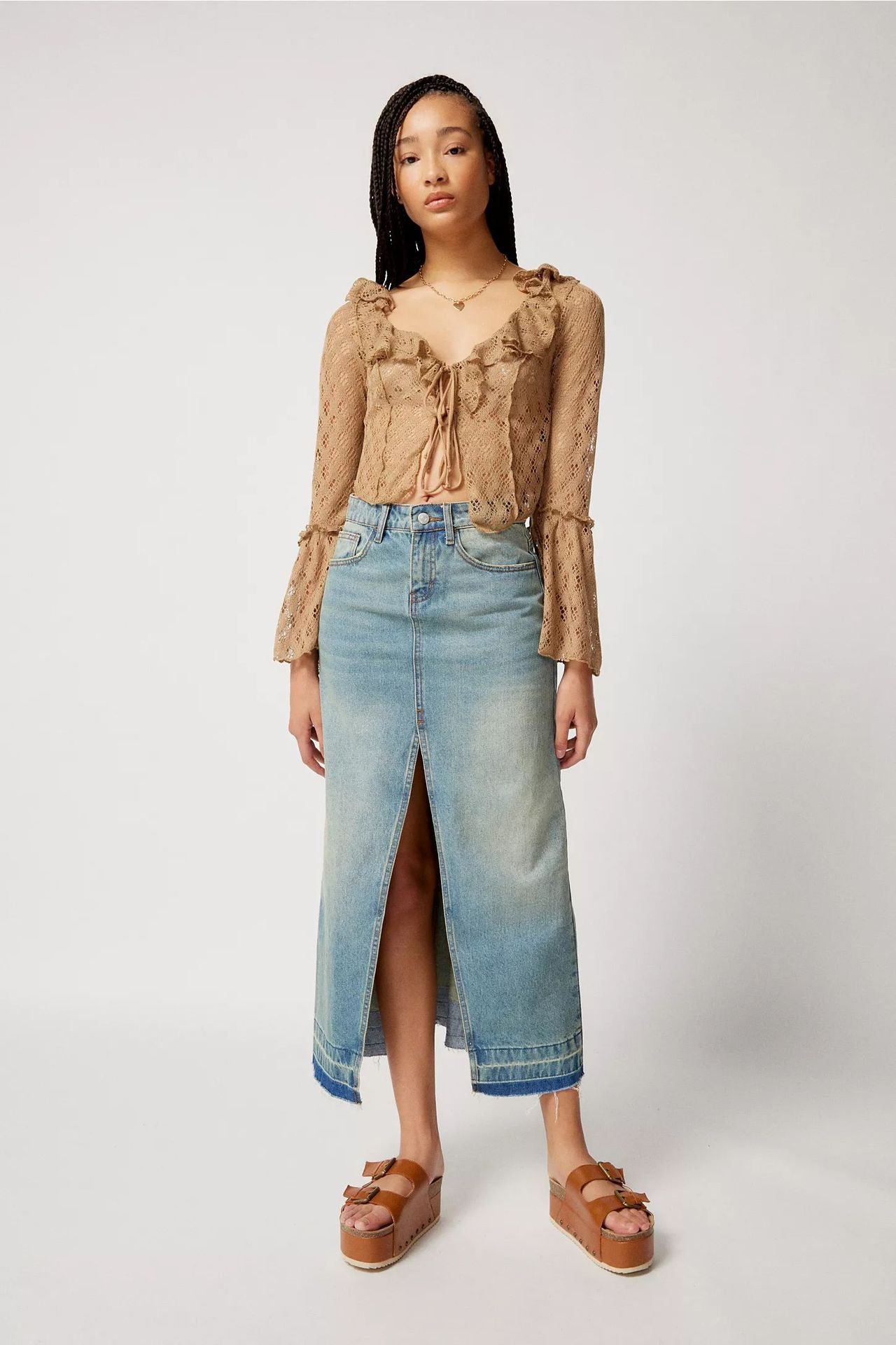 Dame Denim Maxi-nederdel med slidser og legende kant Stilla