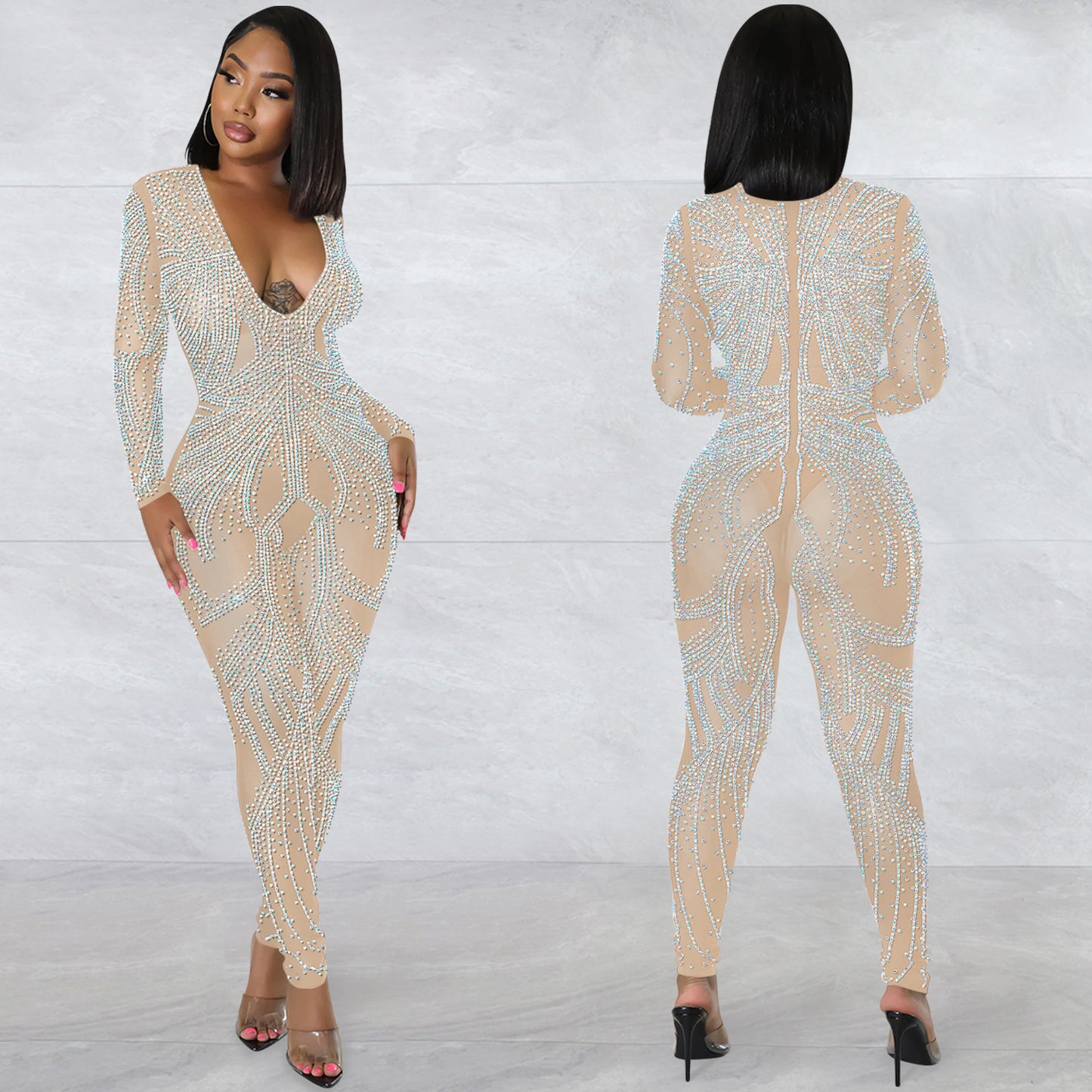 Dame elegant jumpsuit med strassdekorationer og dyb udskæring Stilla