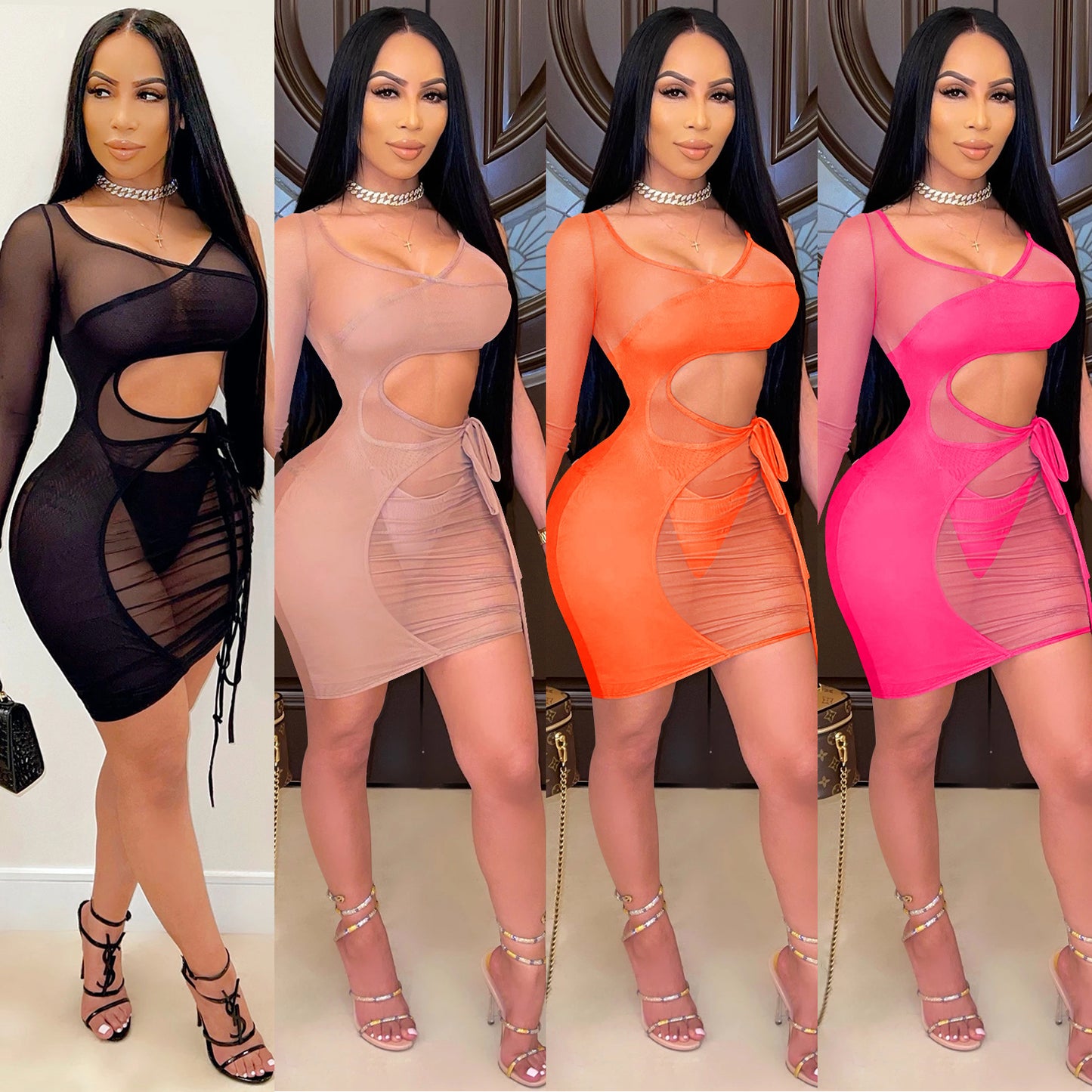 Dame Cut-Out Minikjole lavet af gennemsigtigt mesh med raffineret snøring Stilla