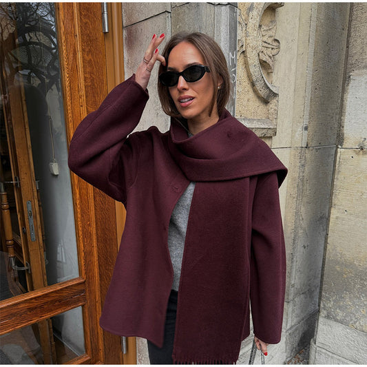 Dame afslappet oversized jakke med integreret tørklæde Stilla