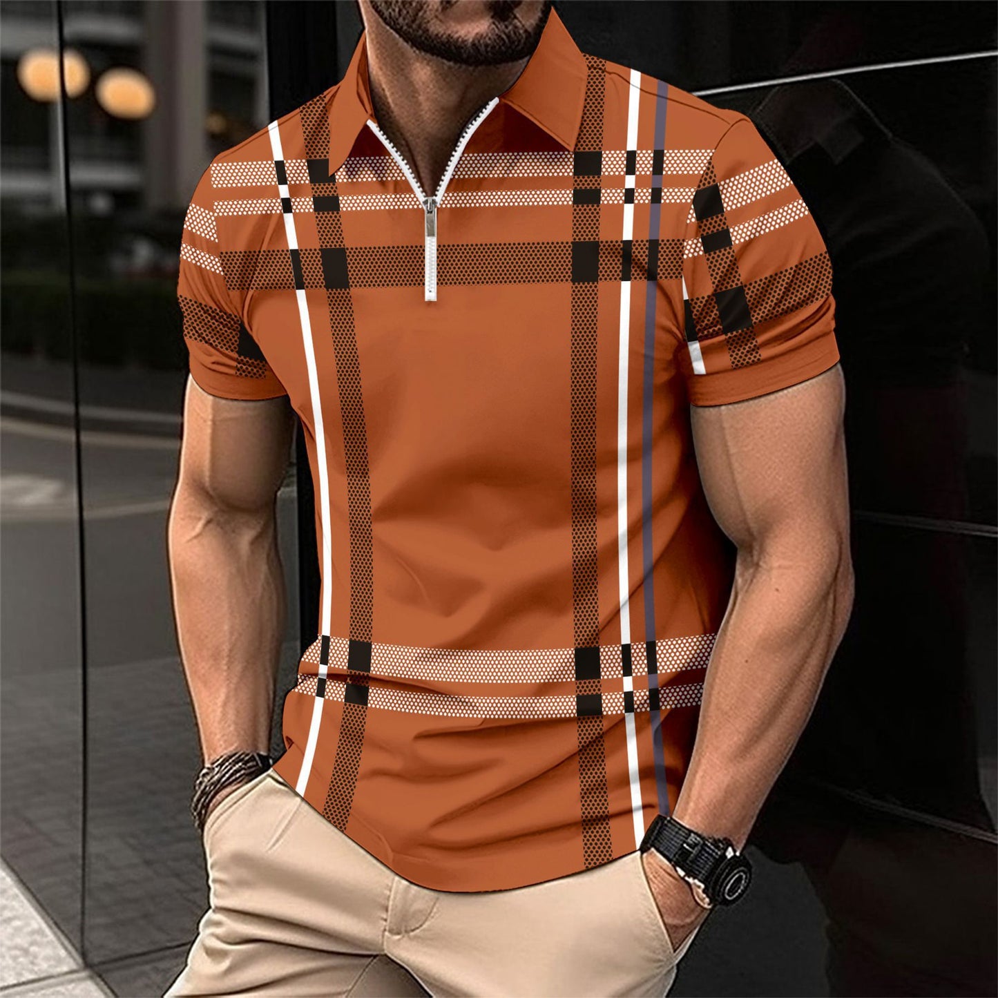 Herre poloshirt med modisk lynlås og klassisk ternet mønster Stilla