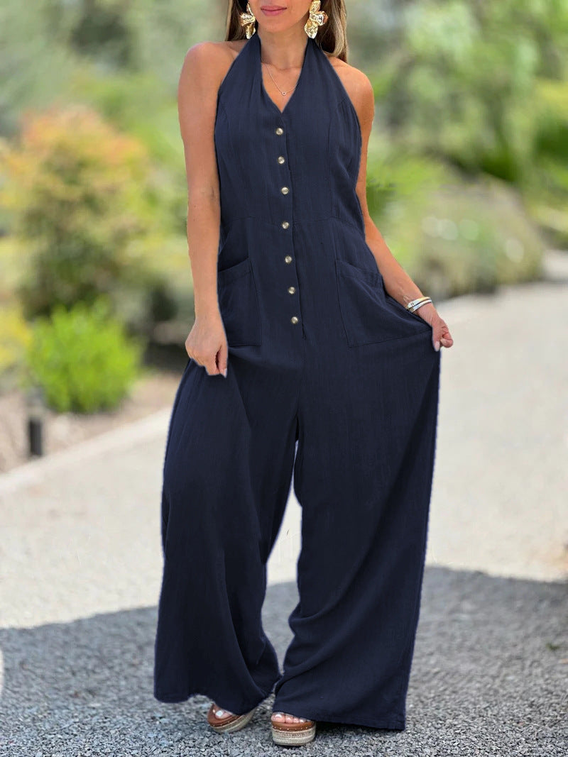 Dame jumpsuit med knapliste og vide ben Stilla