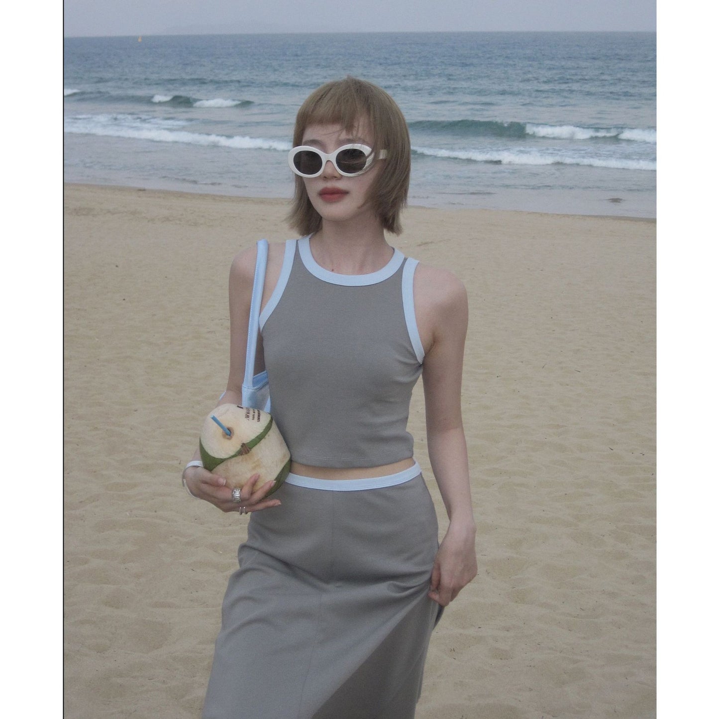 Dame Crop-Top og Maxiskørt-sæt med kontrastdetaljer og flydende snit Stilla