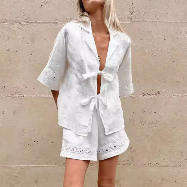 Dame afslappet linned overdel og shorts sæt med elastisk talje og dekorativt bindebælte Stilla