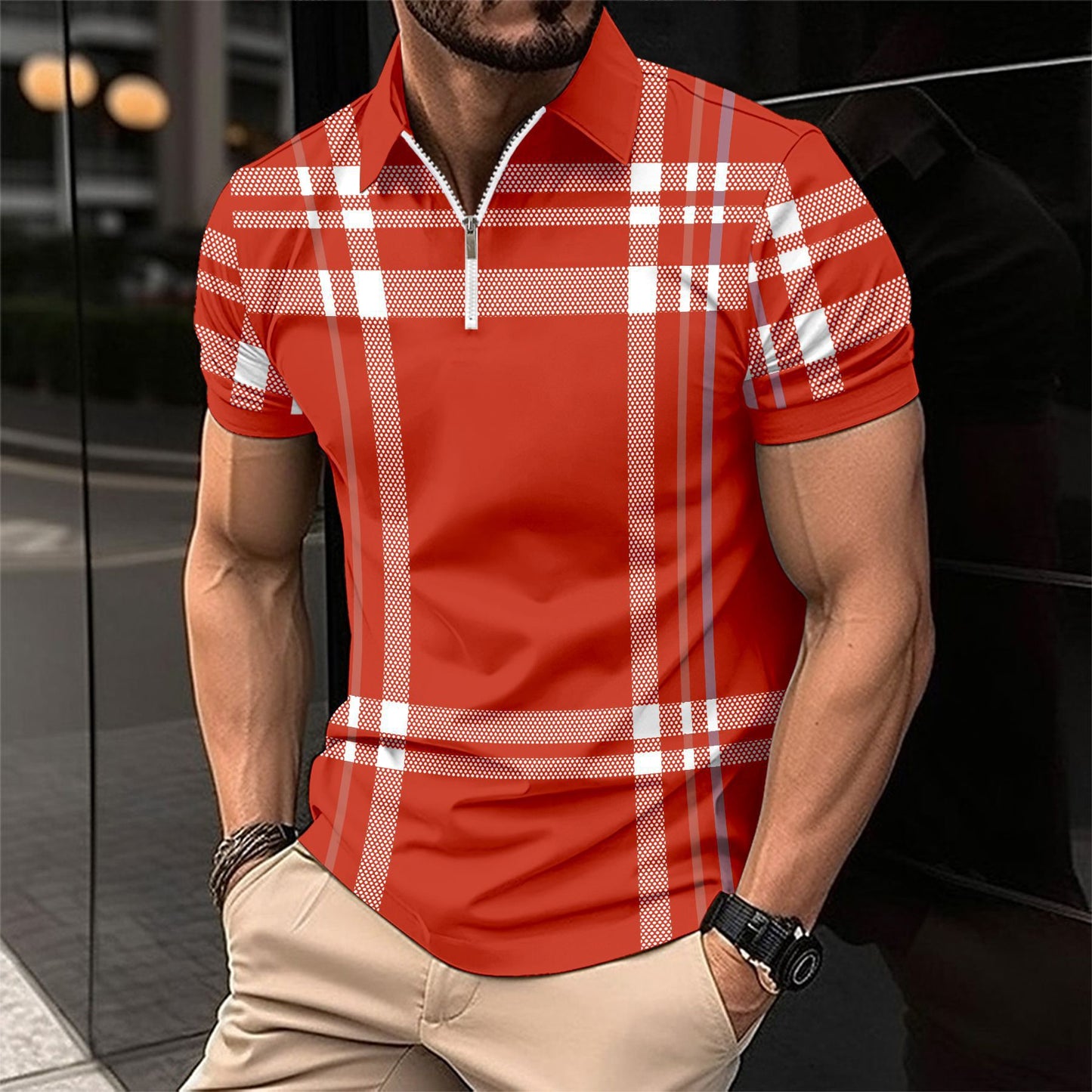 Herre poloshirt med modisk lynlås og klassisk ternet mønster Stilla