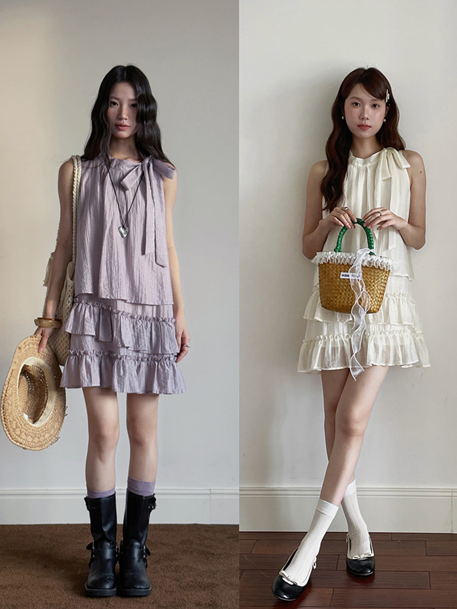 Dame afslappet strandkjole med flæser og sart bånd Stilla