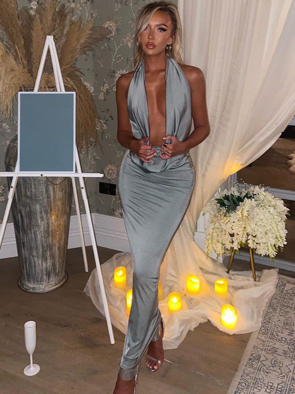 Dame Elegant aftenkjole med dyb V-udskæring og sløjfe lukning Stilla