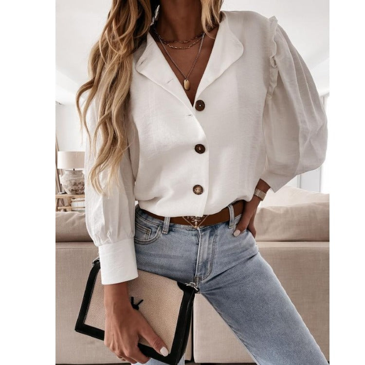 Dame Elegant Knap-up Bluse med Pufærmer Stilla