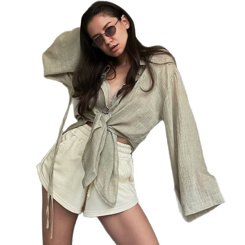 Dame afslappet oversized bluse med bælte og voluminøse ærmer Stilla