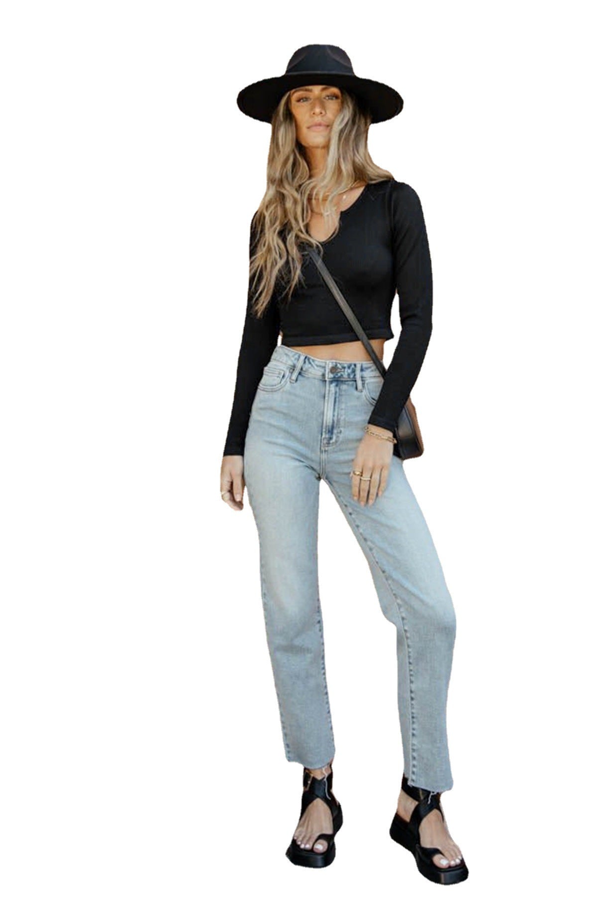 Dame afslappet Crop-Top med dyb V-udskæring og fin ribstruktur Stilla