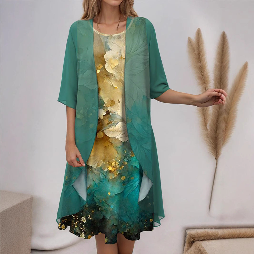 Dame elegant fritidskjole med asymmetrisk kant og floral design Stilla