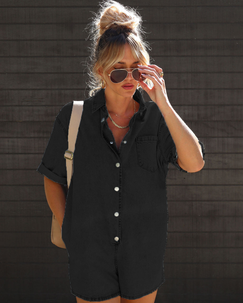 Dame Denim Playsuit med afslappet kortærmet design og praktiske lommer Stilla