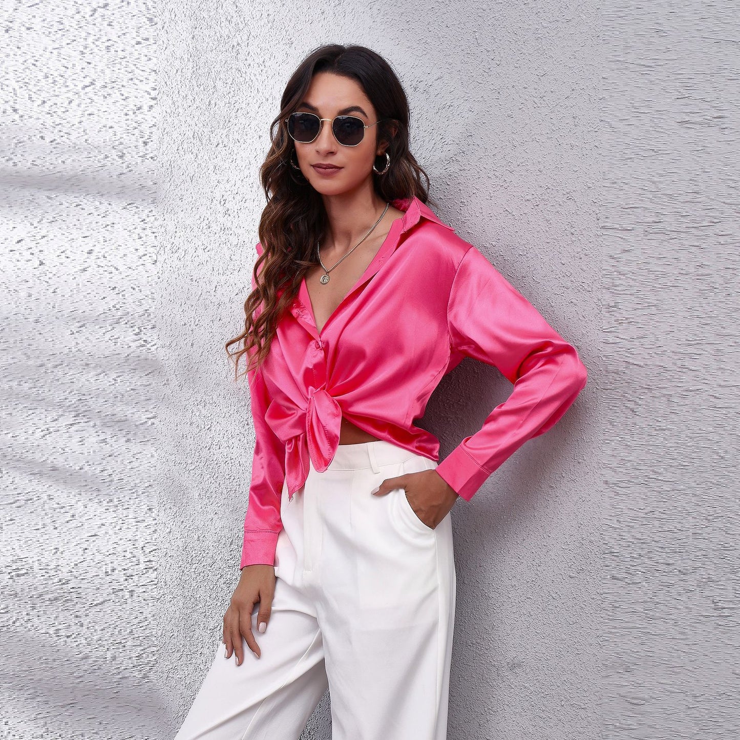 Dame Satin Bluse med Knote Lukning Stilla