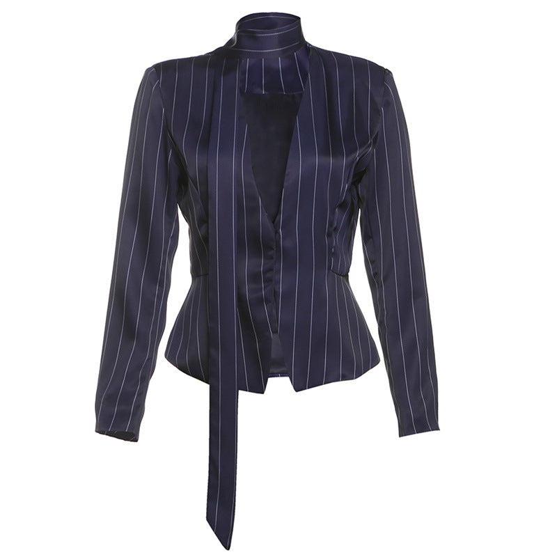 Dame Elegant Blazerjakke med asymmetrisk Krave og Stribemønster Stilla